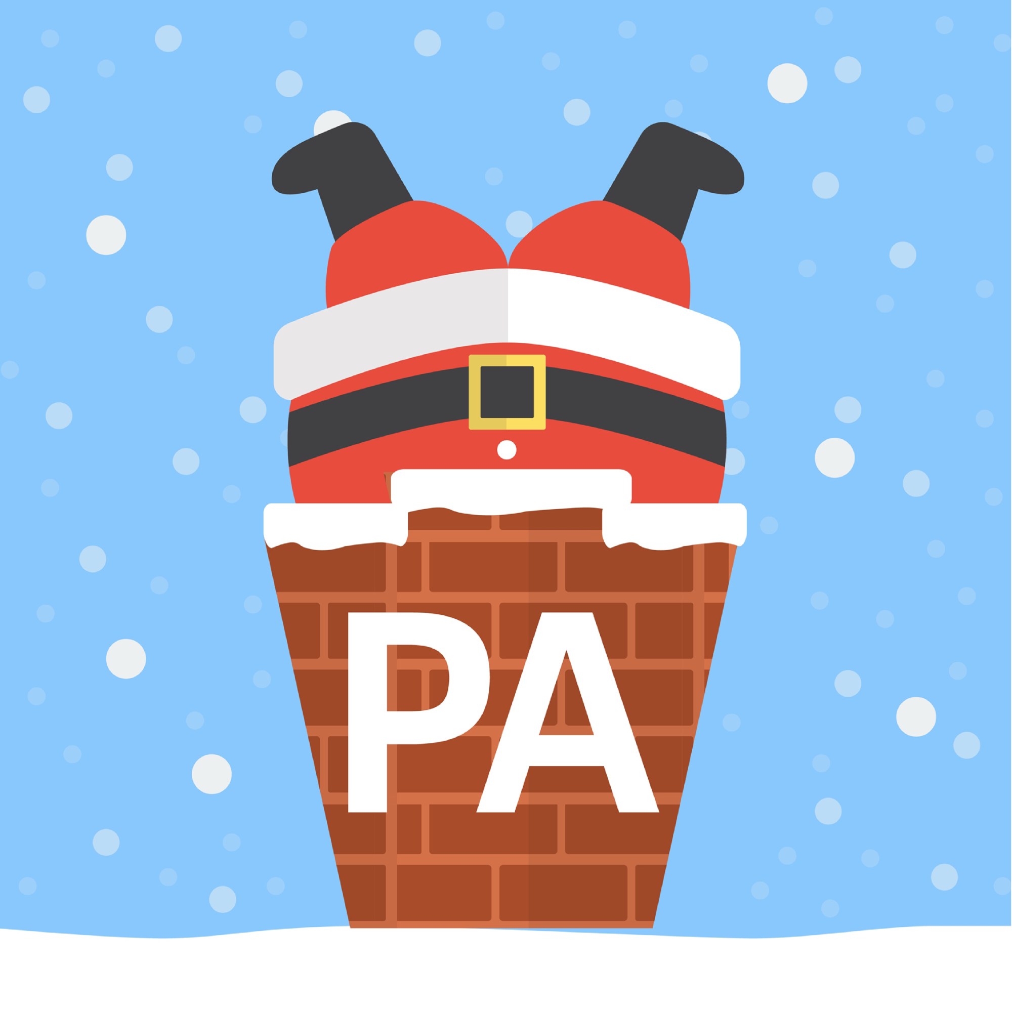 Santa’s stomach and legs stick out of a keystone-shaped chimney.