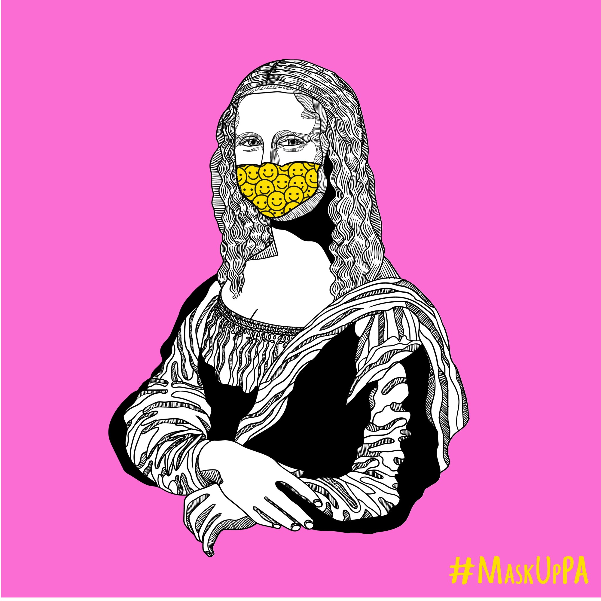 Mona Lisa illustration wearing a bright yellow mask full of smiley faces.