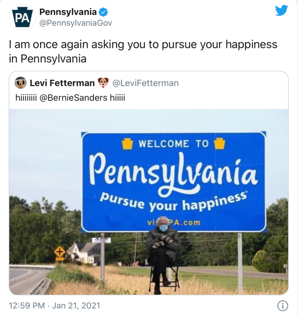 Bernie Sanders sitting in front of the welcome to Pennsylvania sign. Tweet says “I am once again asking you to pursue your happiness in Pennsylvania.”